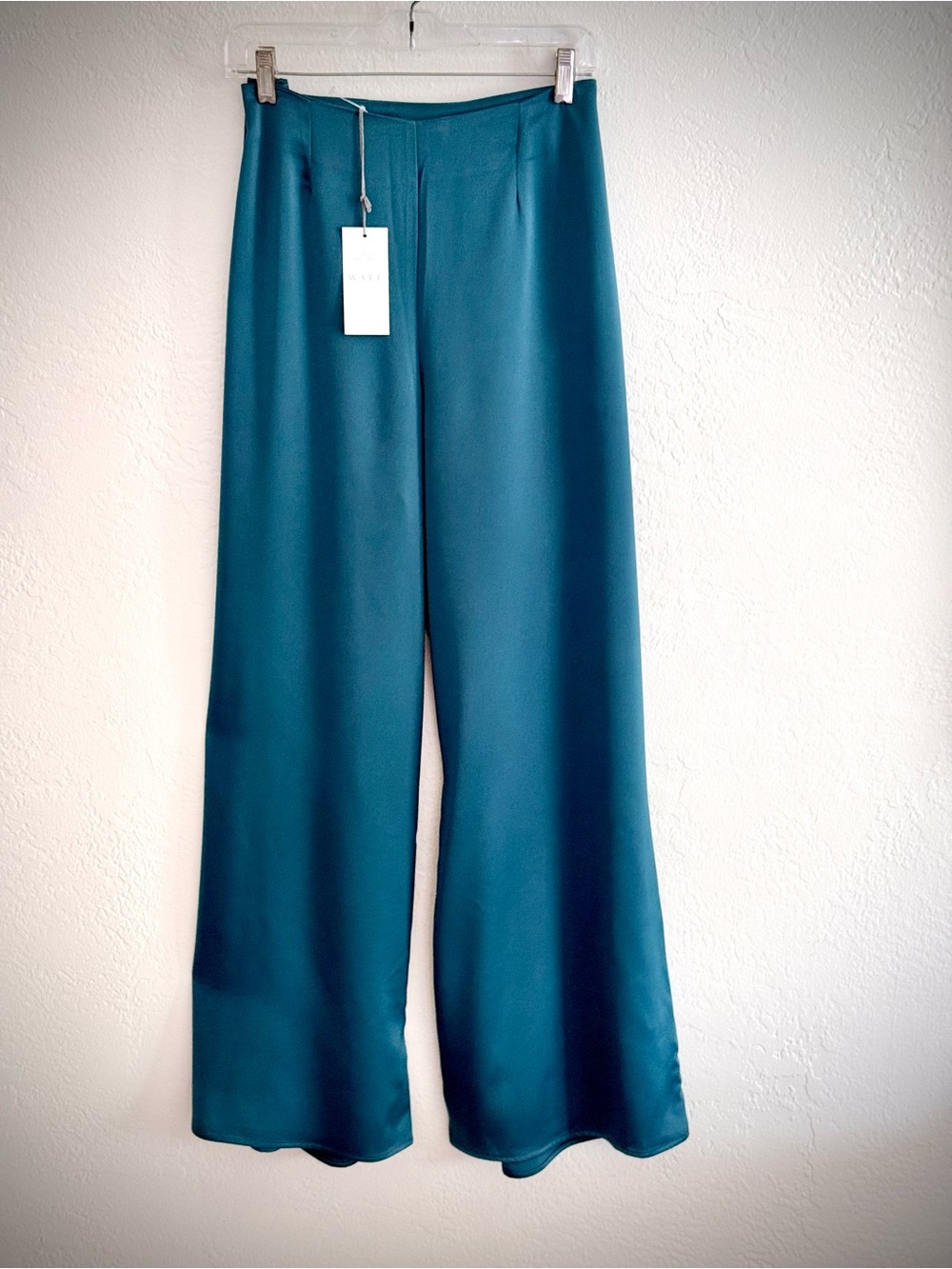 WAYF NWT Dark Teal Blue Satin High Waisted Trousers Size M Minimalist Chic